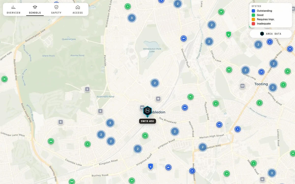 Map of primary and secondary schools near Wimbledon SW19, each one colour-coded by its Ofsted rating from Outstanding to Inadequate